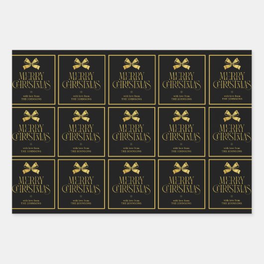 Goud & Zwart Bow Custom Familienaam Kerstmis Inpakpapier Vel (Voorkant 3)