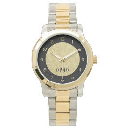 Goud zwart brocade monogram horloge