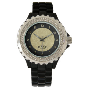 Goud zwart brocade monogram horloge