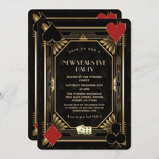 Goud Zwart Casino Vegas Gatsby Oud en Nieuw Kaart (Voorkant / Achterkant)