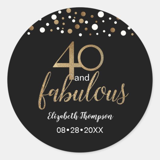 Goud zwart confetti 40 en Fabulous 40th Verjaardag Ronde Sticker (Voorkant)