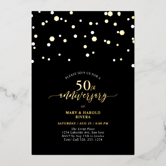 Goud & Zwart Confetti 50ste bruiloft Jubileum Folie Uitnodiging (Voorkant)