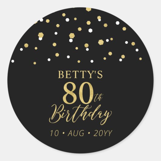 Goud & Zwart Confetti 80ste Verjaardagsfeestje Ronde Sticker