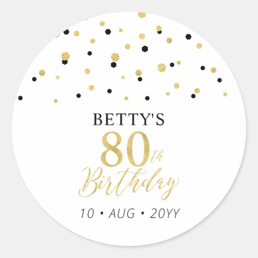 Goud & Zwart Confetti 80ste Verjaardagsfeestje Ronde Sticker (Voorkant)