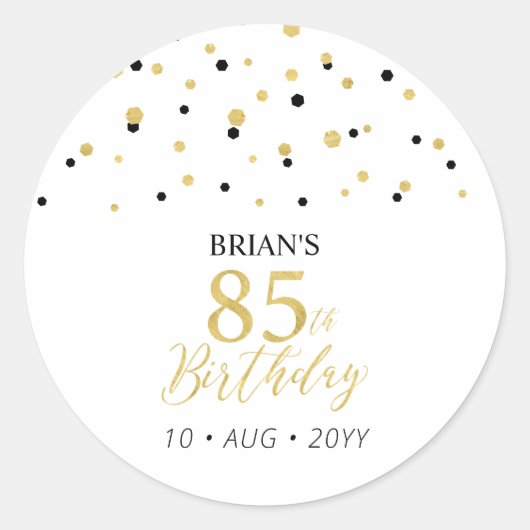 Goud & Zwart Confetti 85ste Verjaardag Party Favor Ronde Sticker (Voorkant)