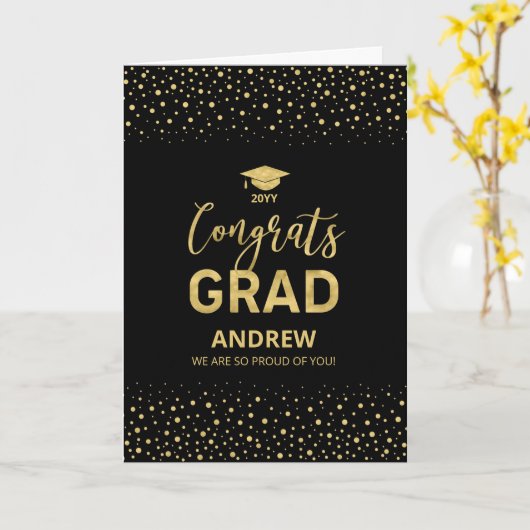 Goud & Zwart Confetti Congrats Afstudeerder Afstud Kaart (Gele Bloem)