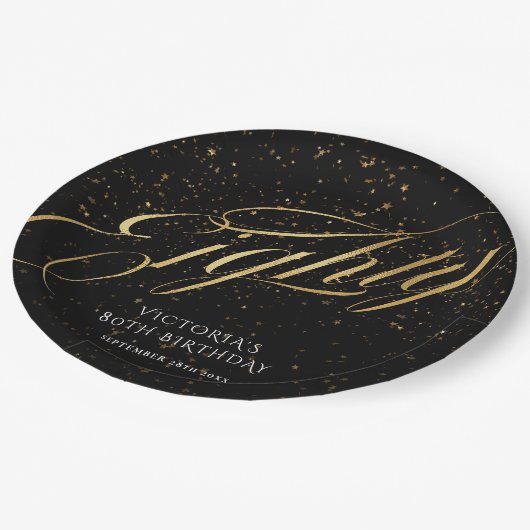 Goud Zwart Confetti Glitter 80e Verjaardag Papieren Bordje (Gekanteld)