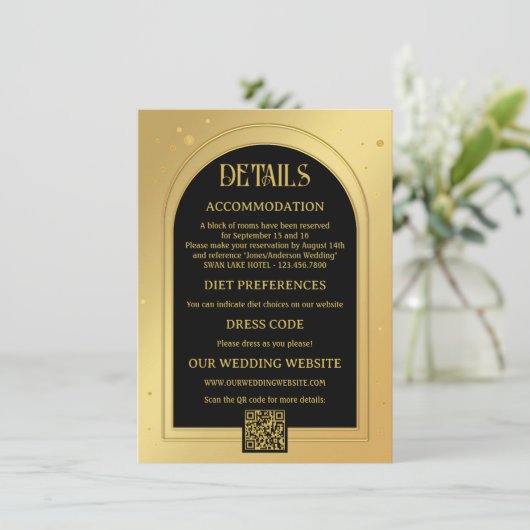 Goud Zwart Confetti Glitter Bruiloft Informatiekaartje (Staand voorkant)