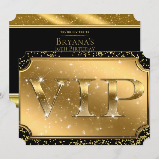 Goud Zwart Confetti Glitters Glam VIP-feestticket Kaart (Voorkant / Achterkant)