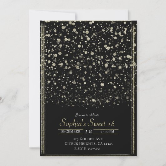 Goud & Zwart Confetti Splatter Sweet 16 Party Kaart (Voorkant)
