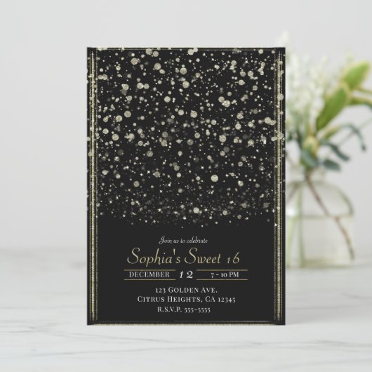 Goud & Zwart Confetti Splatter Sweet 16 Party Kaart (Staand voorkant)
