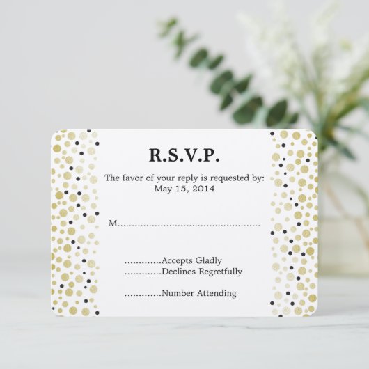 Goud Zwart Confetti Stippen Bruiloft RSVP (Staand voorkant)