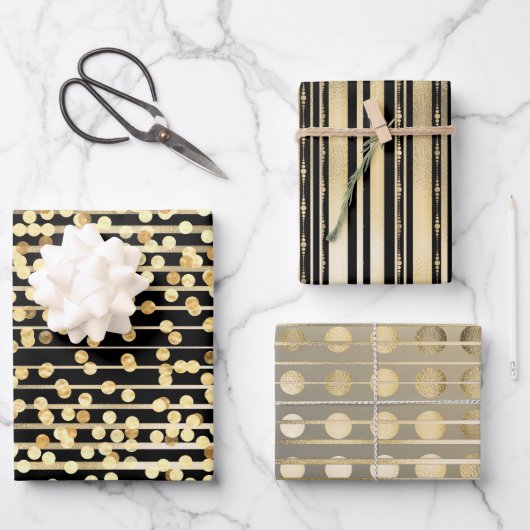 Goud zwart confetti strepen elegant vormig patroon inpakpapier vel (Voorkant)
