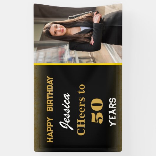 Goud Zwart Custom Happy Birthday Photo Party Spandoek (Verticaal)