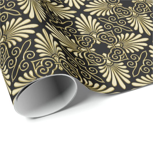  Goud Zwart Damask Art Deco Fan Cadeaupapier (Rol Hoek)