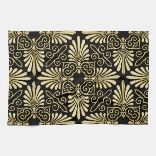 Goud Zwart Damask Art Deco Fan Theedoek (Horizontaal)