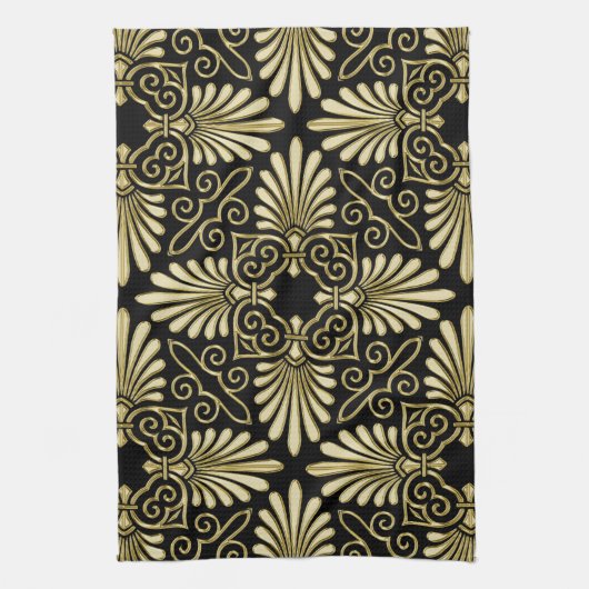  Goud Zwart Damask Art Deco Fan Theedoek (Verticaal)