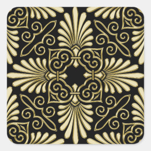 Goud Zwart Damask Art Deco Fan Vierkante Sticker