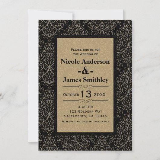 Goud & Zwart Damask Art Deco Glamour Chic Wedding Kaart (Voorkant)