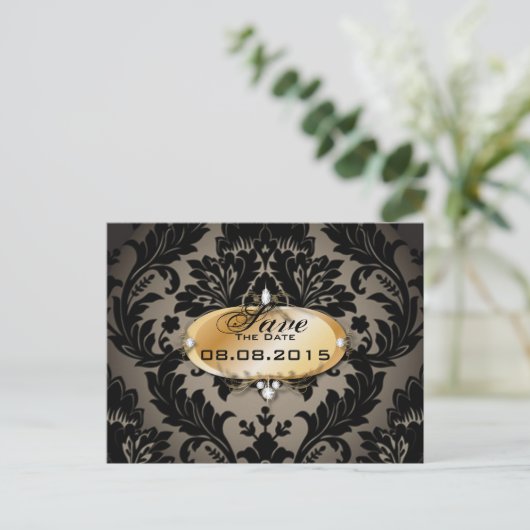  Goud zwart damask bruiloft save the date Aankondigingskaart (Staand voorkant)