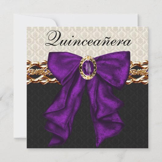 Goud Zwart Damask Paarse Quinceanera Kaart (Voorkant)