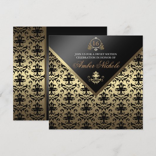 Goud & Zwart Damask Sweet 16 Uitnodigen Kaart (Voorkant / Achterkant)