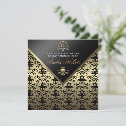 Goud & Zwart Damask Sweet 16 Uitnodigen Kaart (Staand voorkant)