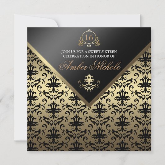 Goud & Zwart Damask Sweet 16 Uitnodigen Kaart (Voorkant)