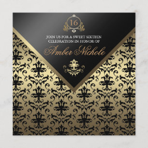 Goud & Zwart Damask Sweet 16 Uitnodigen Kaart