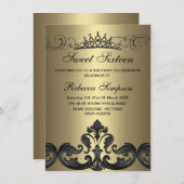 Goud & Zwart Damask & Tiara Verjaardag Uitnodiging (Voorkant / Achterkant)