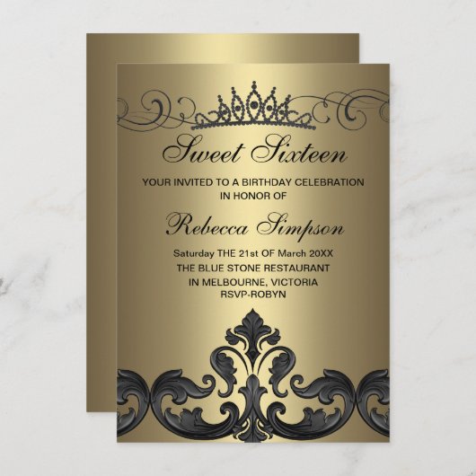 Goud & Zwart Damask & Tiara Verjaardag Uitnodiging (Voorkant / Achterkant)