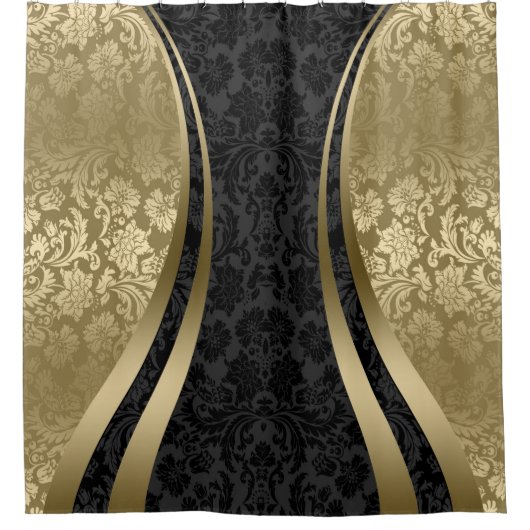 Goud & zwart damast geometrisch modern design douchegordijn (Voorkant)