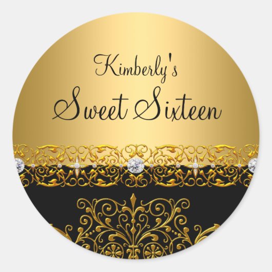 Goud & Zwart damast Sweet Sixteen Sticker (Voorkant)