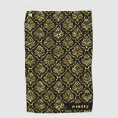 Goud & Zwart Damastpatroon Monogram Golfhanddoek (Voorkant)