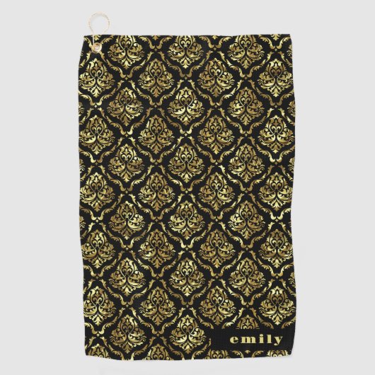 Goud & Zwart  Damastpatroon Monogram Golfhanddoek (Voorkant)