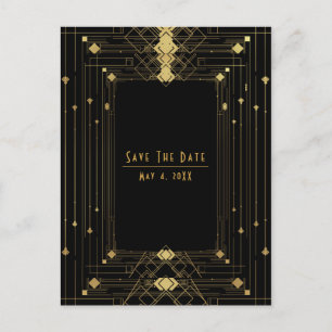 Goud Zwart Deco Gatsby Roaring 20 Save the Date Aankondigingskaart