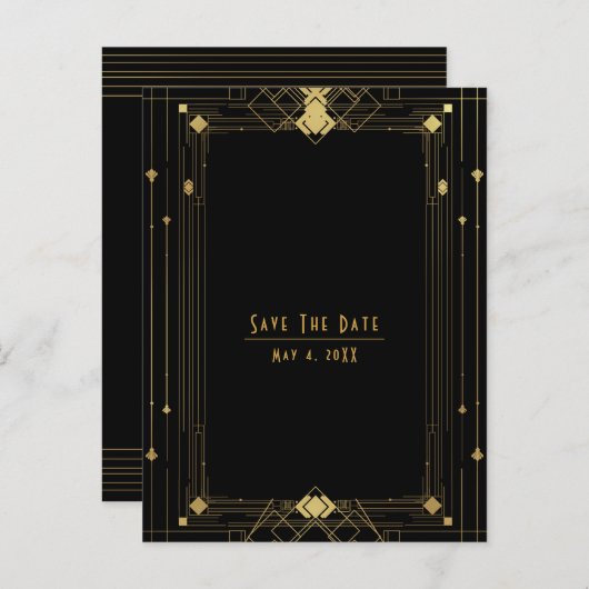 Goud Zwart Deco Gatsby Roaring 20's Save the Date Aankondigingskaart (Voorkant / Achterkant)