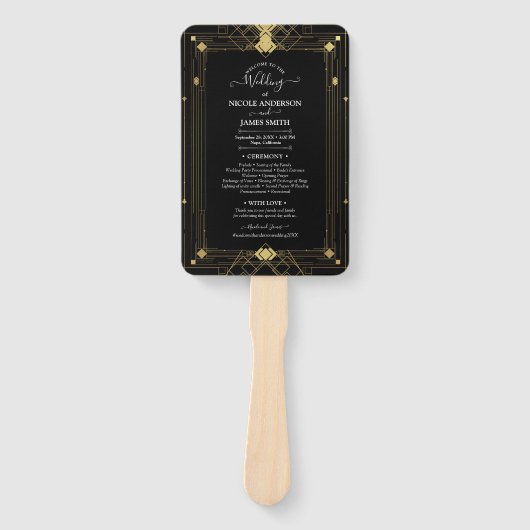 Goud Zwart Deco Glam Bruiloftsprogramma uit de Roa Handwaaier (Voorkant)