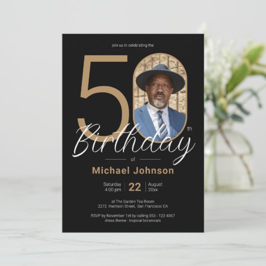 Goud Zwart Eenvoudig Chique Custom Foto 50e Verjaa Kaart (Staand voorkant)