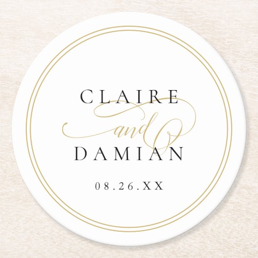 Goud Zwart Eenvoudige Elegantie Romantisch Script  Ronde Kartonnen Onderzetter (Voorkant)