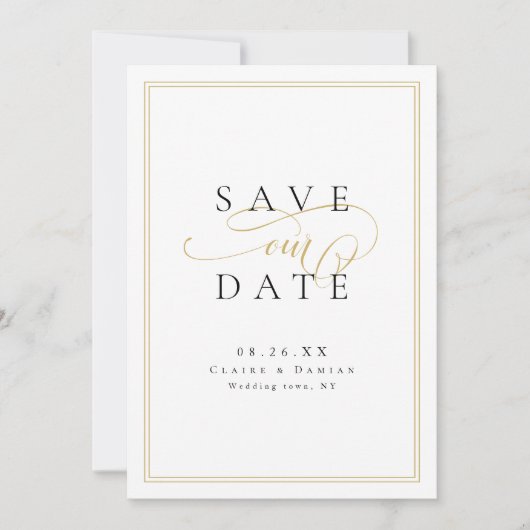Goud Zwart Eenvoudige Elegantie Romantisch Script Save The Date (Voorkant)