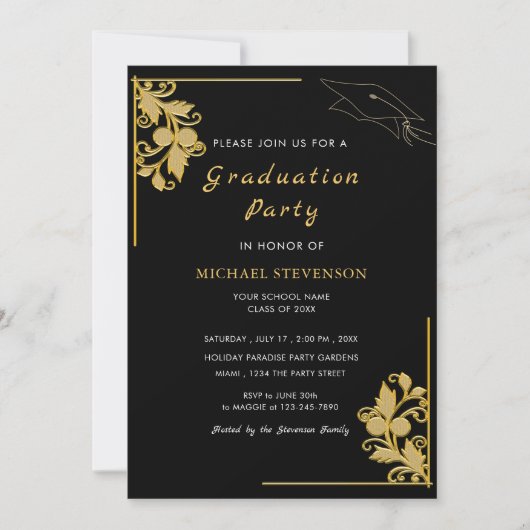 Goud Zwart Elegant Afstudeerder Party Invitation K (Voorkant)