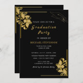 Goud Zwart Elegant Afstudeerder Party Invitation K (Voorkant / Achterkant)