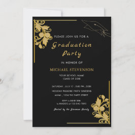 Goud Zwart Elegant Afstudeerder Party Invitation K