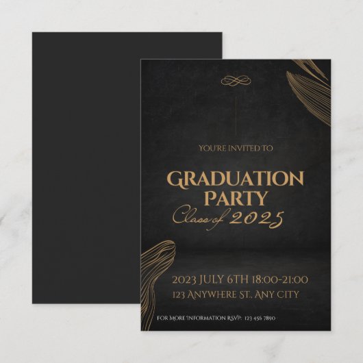 Goud Zwart Elegant Afstuderen Uitnodigingsfeest Kaart (Voorkant / Achterkant)