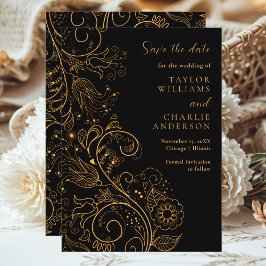 Goud Zwart Elegant Bloemen Bruiloft Save The Date