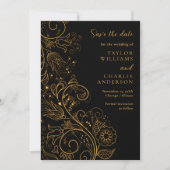 Goud Zwart Elegant Bloemen Bruiloft Save The Date (Voorkant)