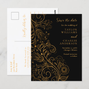 Goud Zwart Elegant Bloemen Bruiloft Save The Date Briefkaart