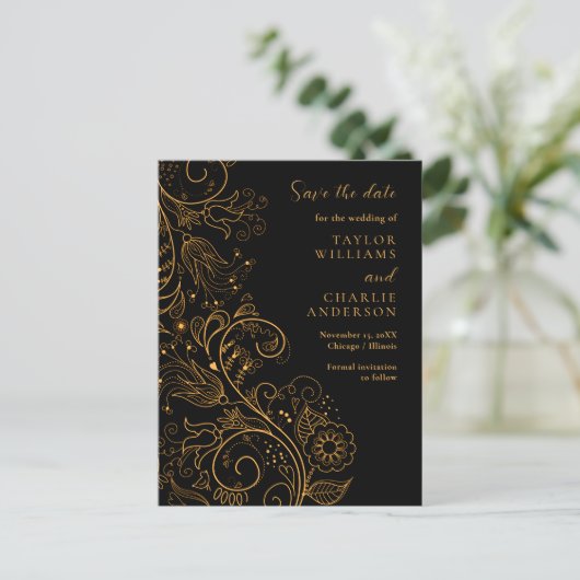 Goud Zwart Elegant Bloemen Bruiloft Save The Date Briefkaart (Staand voorkant)