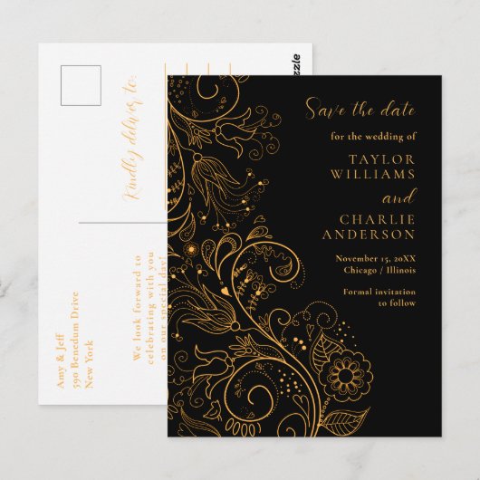 Goud Zwart Elegant Bloemen Bruiloft Save The Date Briefkaart (Voorkant / Achterkant)